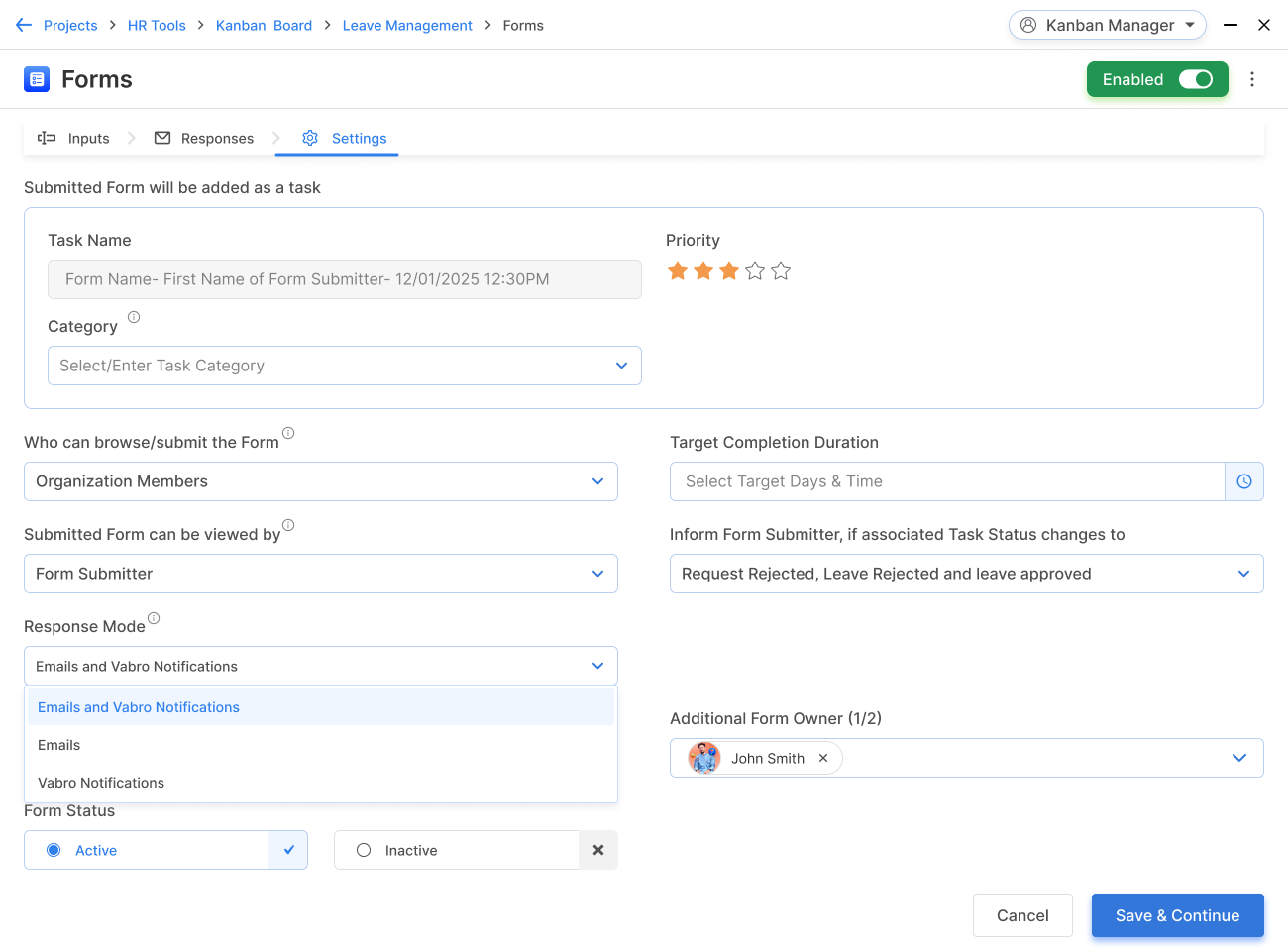 Use of Forms Settings for Flexibility
